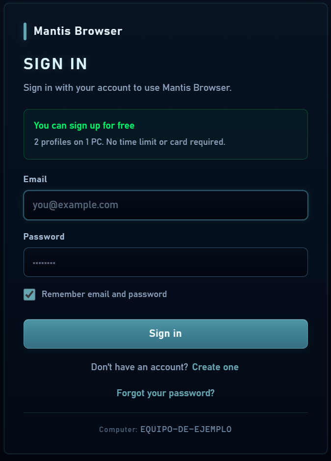 Sign-in screen with free registration