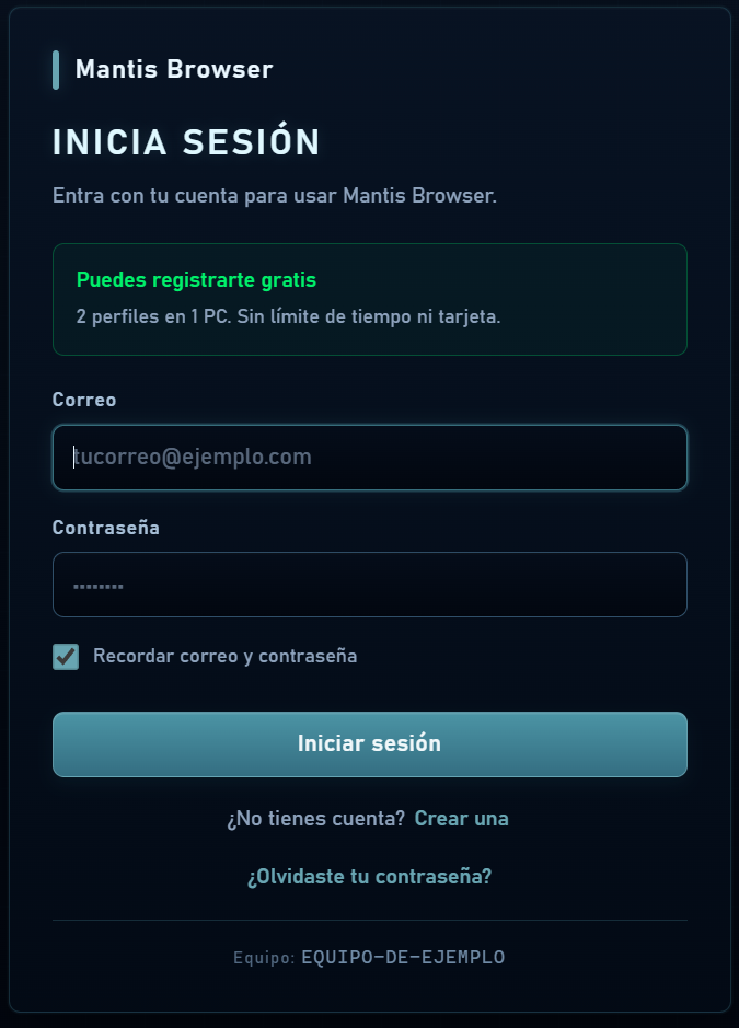 Pantalla de acceso con registro gratuito