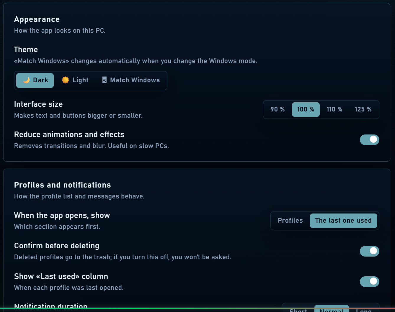 Appearance, interface size and notification settings