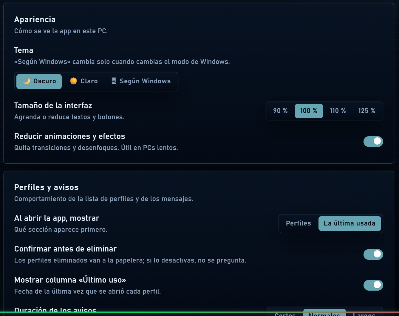 Ajustes de apariencia, tamaño de interfaz y avisos