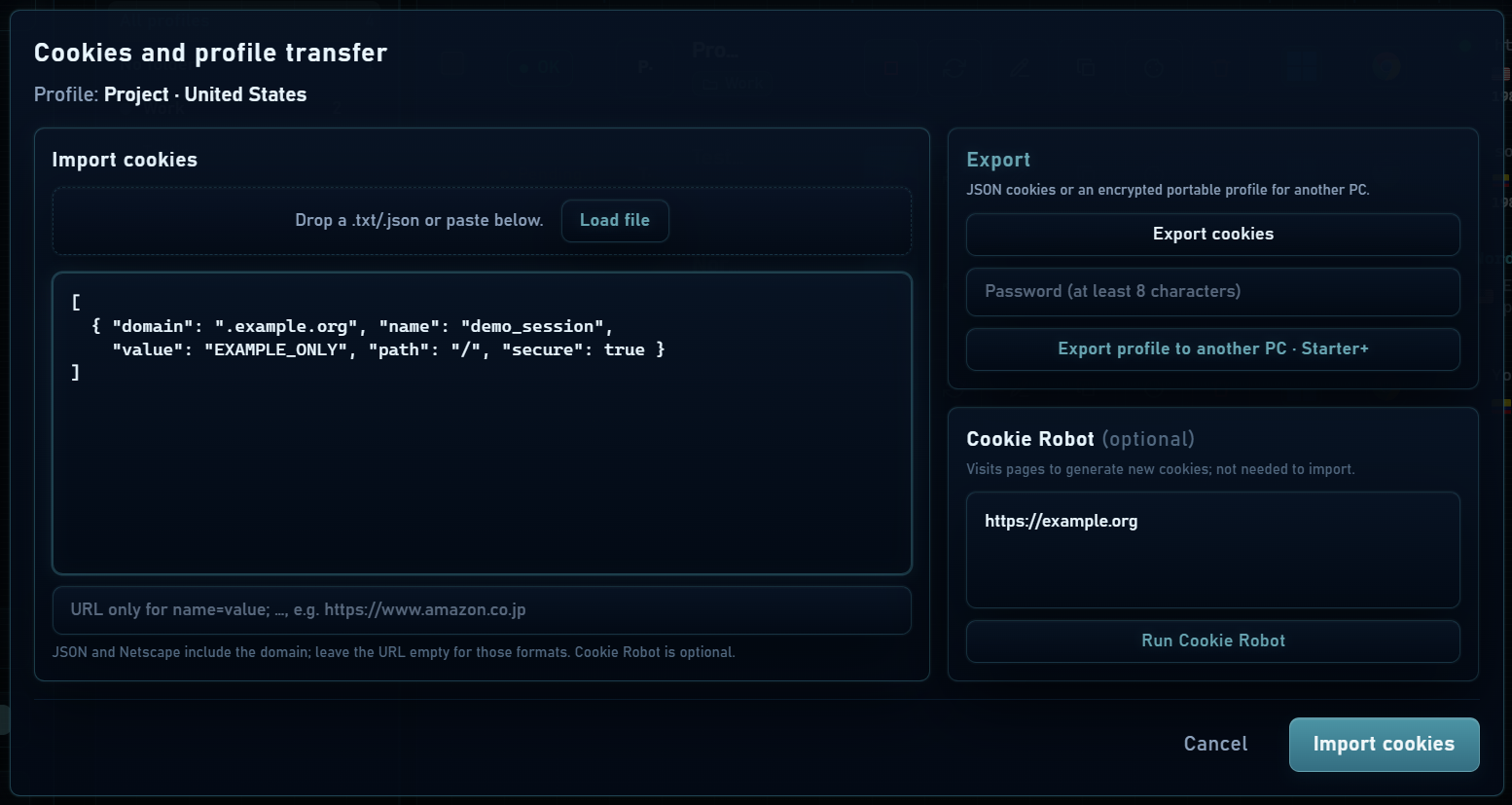 JSON import, export and Cookie Robot