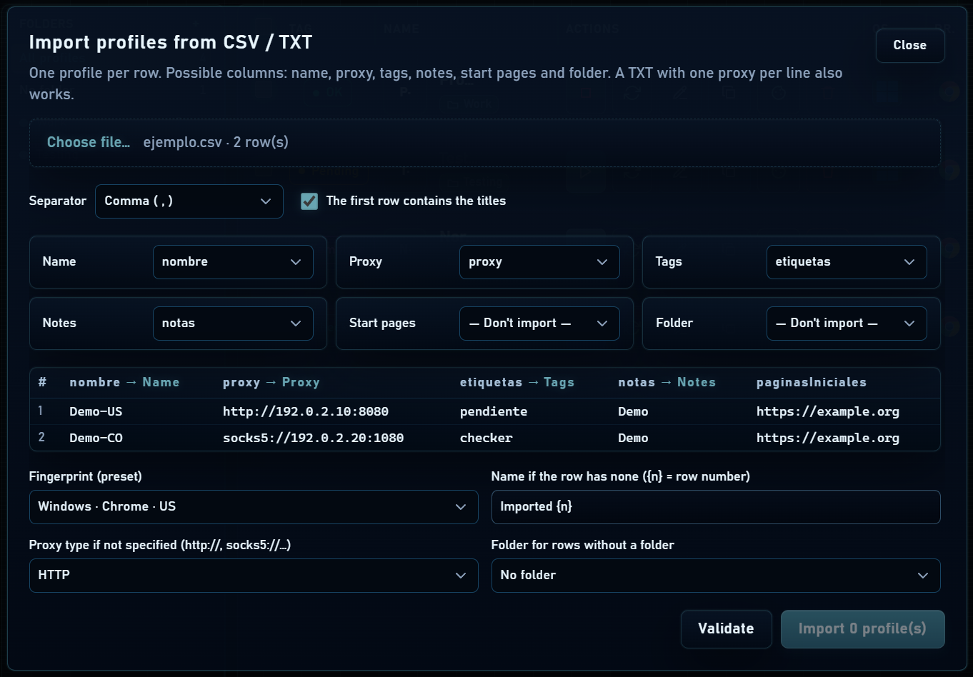 CSV preview with column mapping