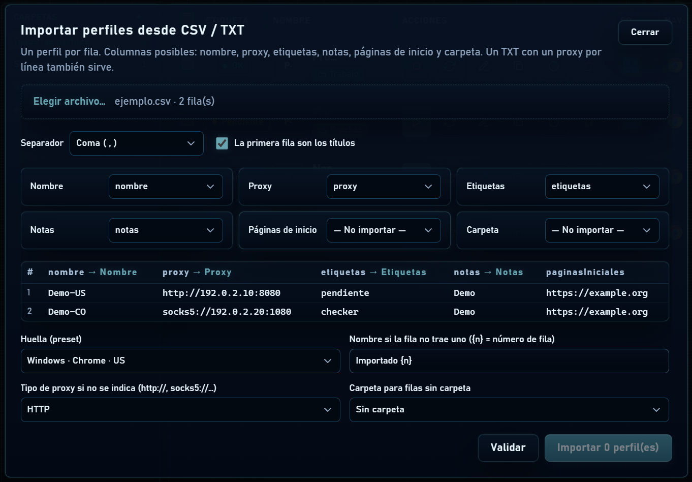 Vista previa de CSV con mapeo de columnas
