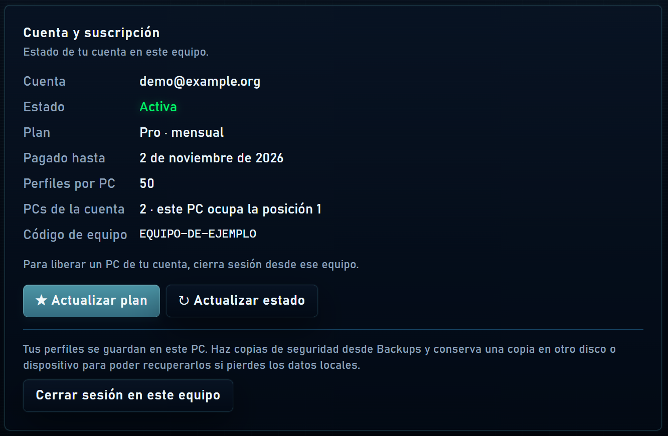 Cuenta de ejemplo con plan, vencimiento y posición del PC