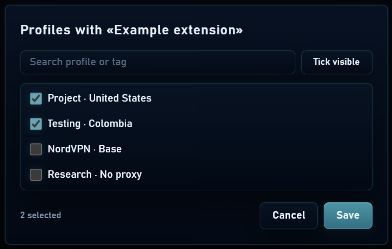 Selecting profiles for an extension