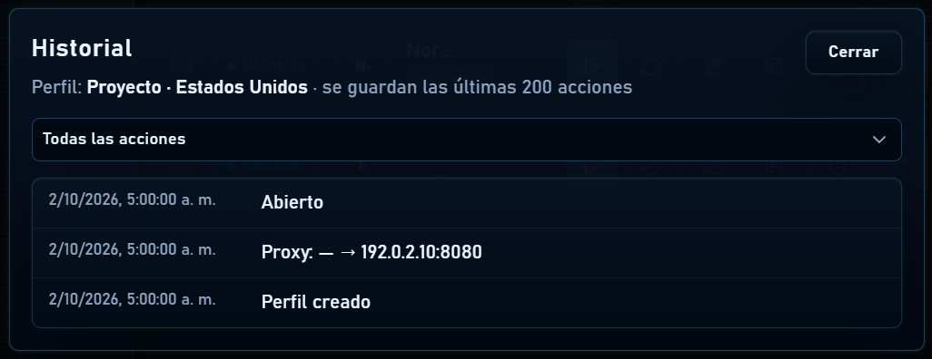 Historial de creación, cambio de proxy y apertura
