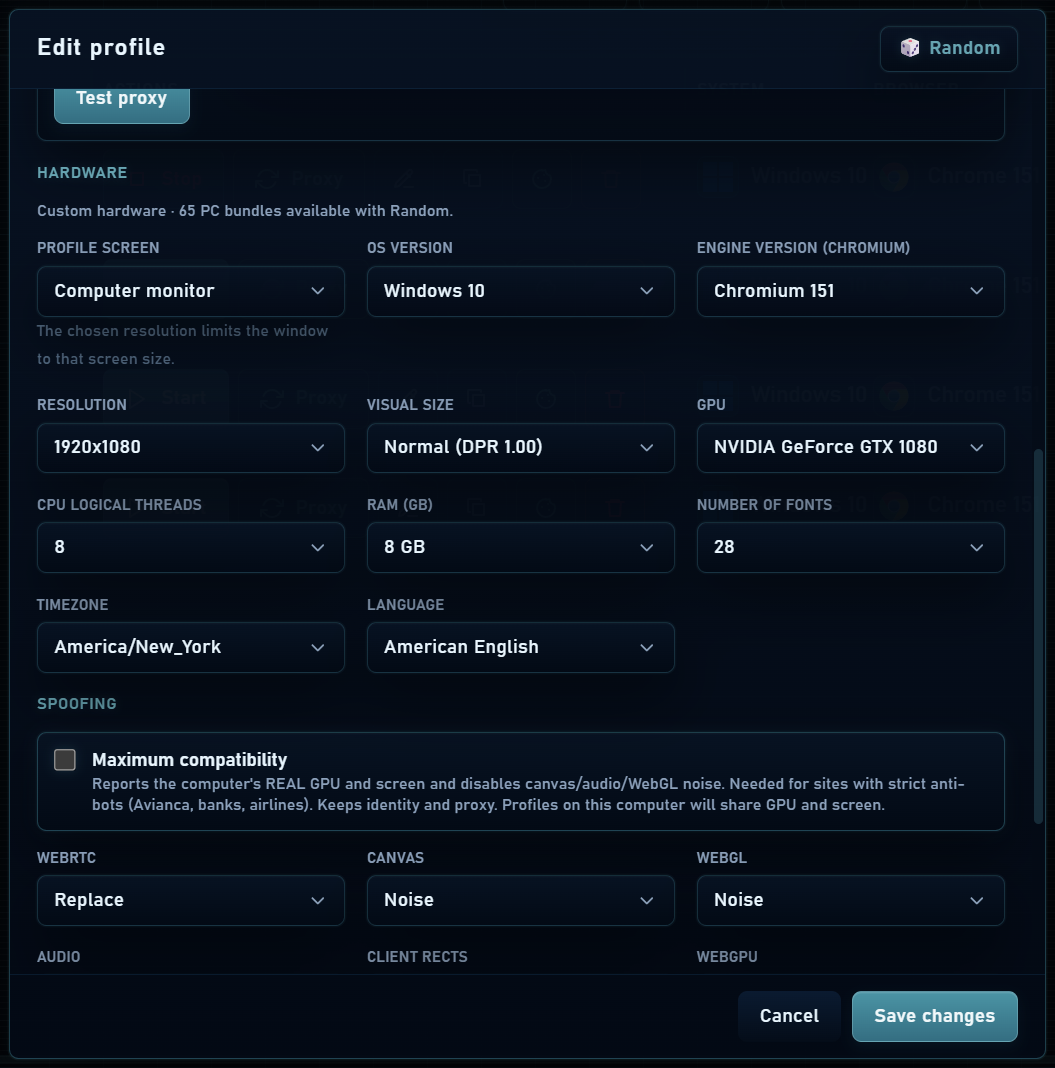 Screen, GPU, CPU, RAM and spoofing options