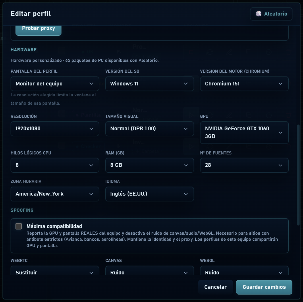 Opciones de pantalla, GPU, CPU, RAM y spoofing