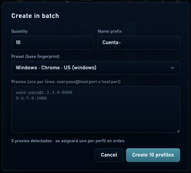 Quantity, prefix, preset and proxy list form