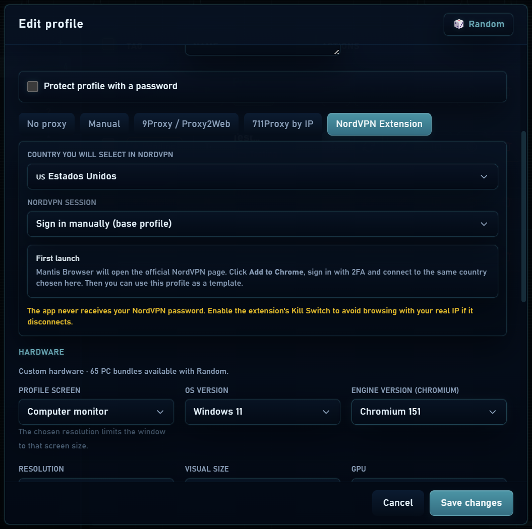 NordVPN Extension with country and base profile session