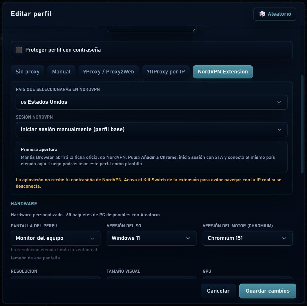 NordVPN Extension con país y sesión del perfil base