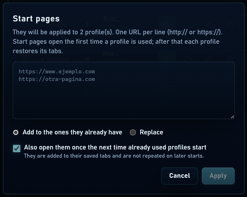 Start URLs and Add or Replace options