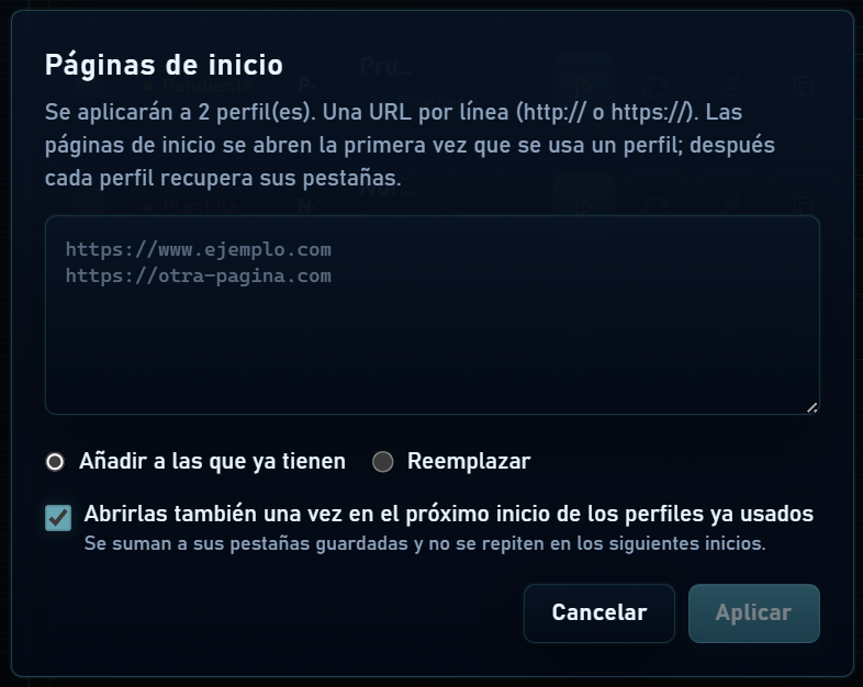 URLs de inicio y opciones Añadir o Reemplazar