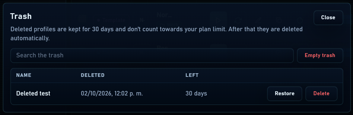 Deleted profile with retention time and Restore button