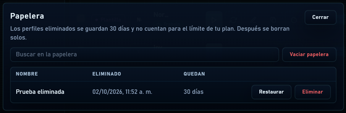 Perfil eliminado con plazo de retención y botón Restaurar
