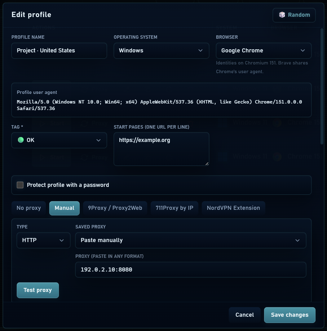 Profile form: name, system and connection