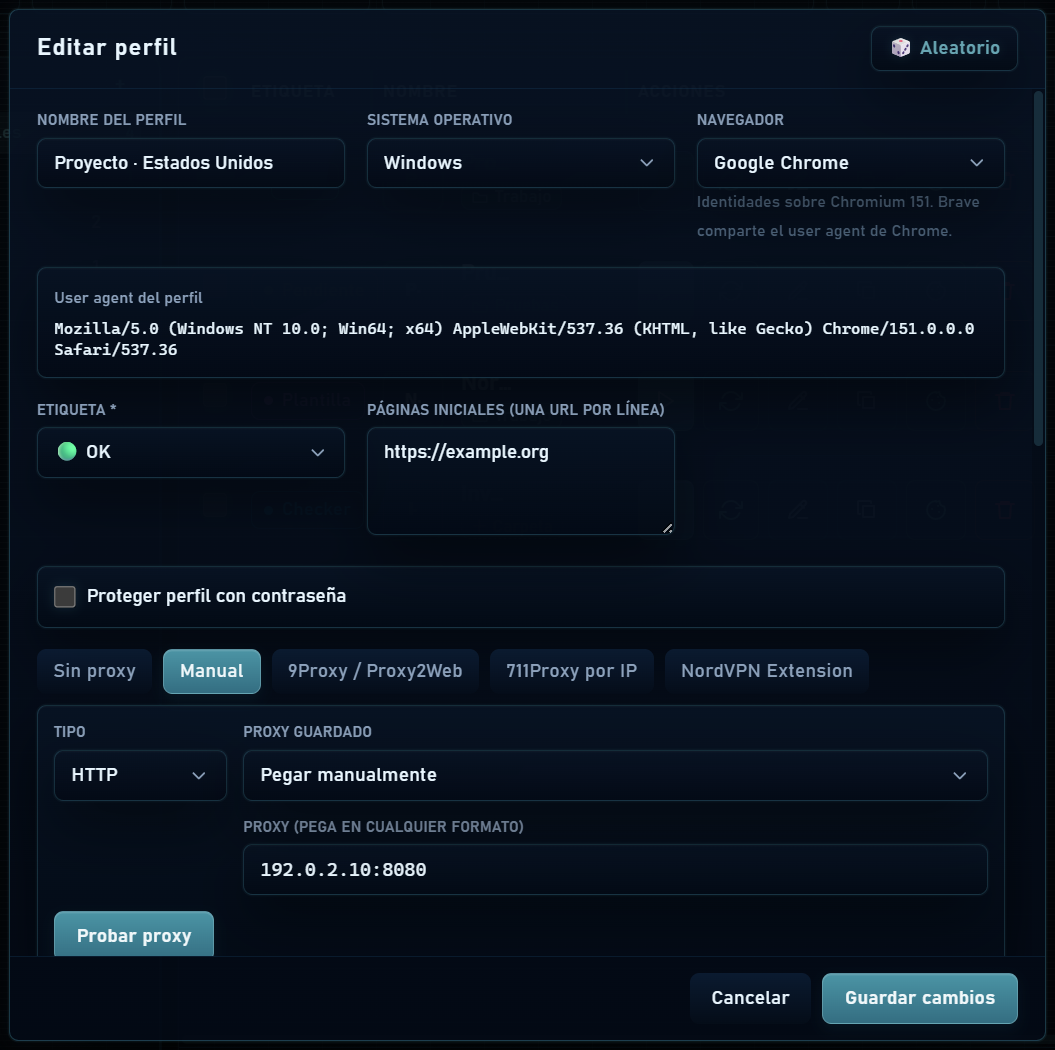 Nombre, sistema, navegador y conexión de un perfil