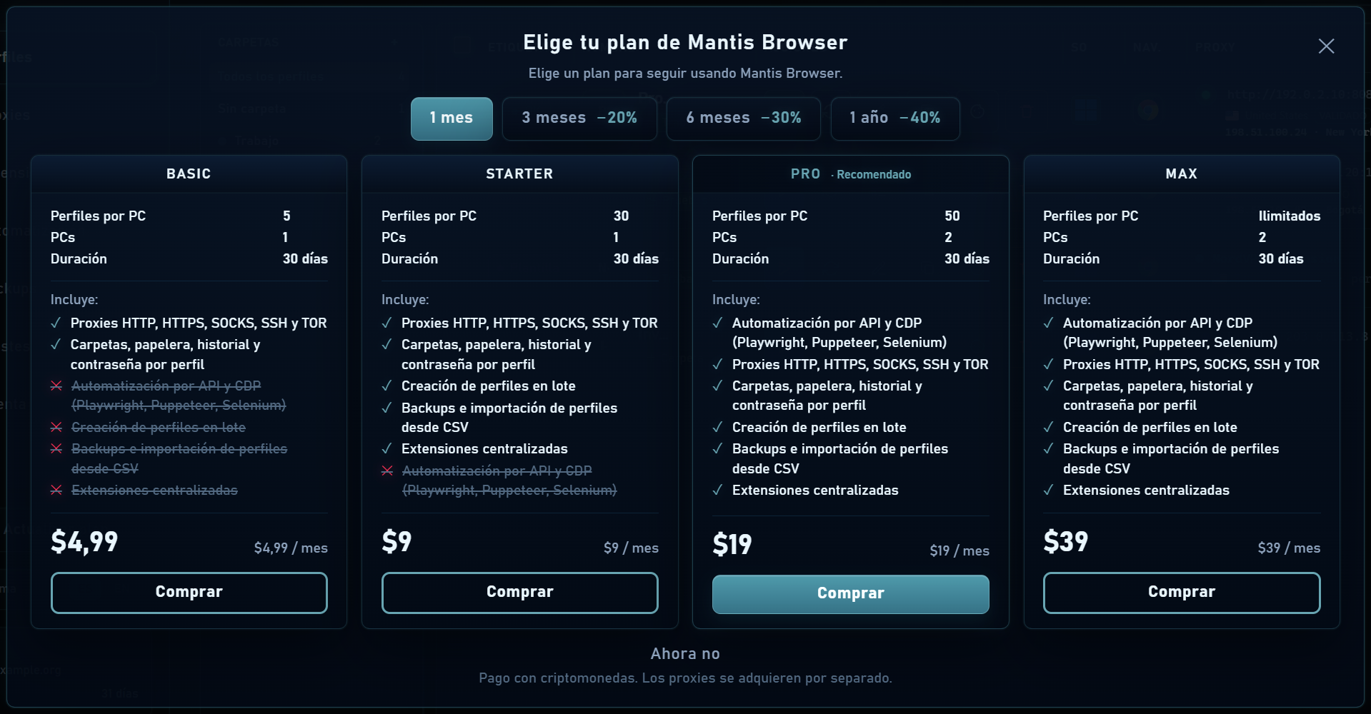 Selector de planes y periodos de suscripción