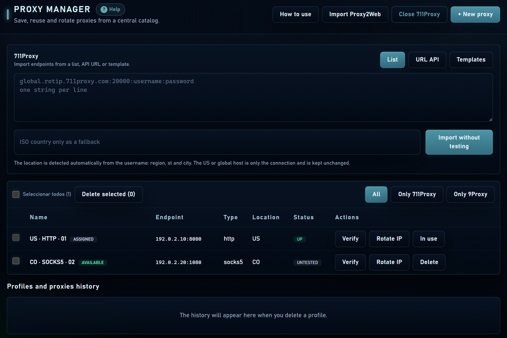 711Proxy import by list, API URL or template