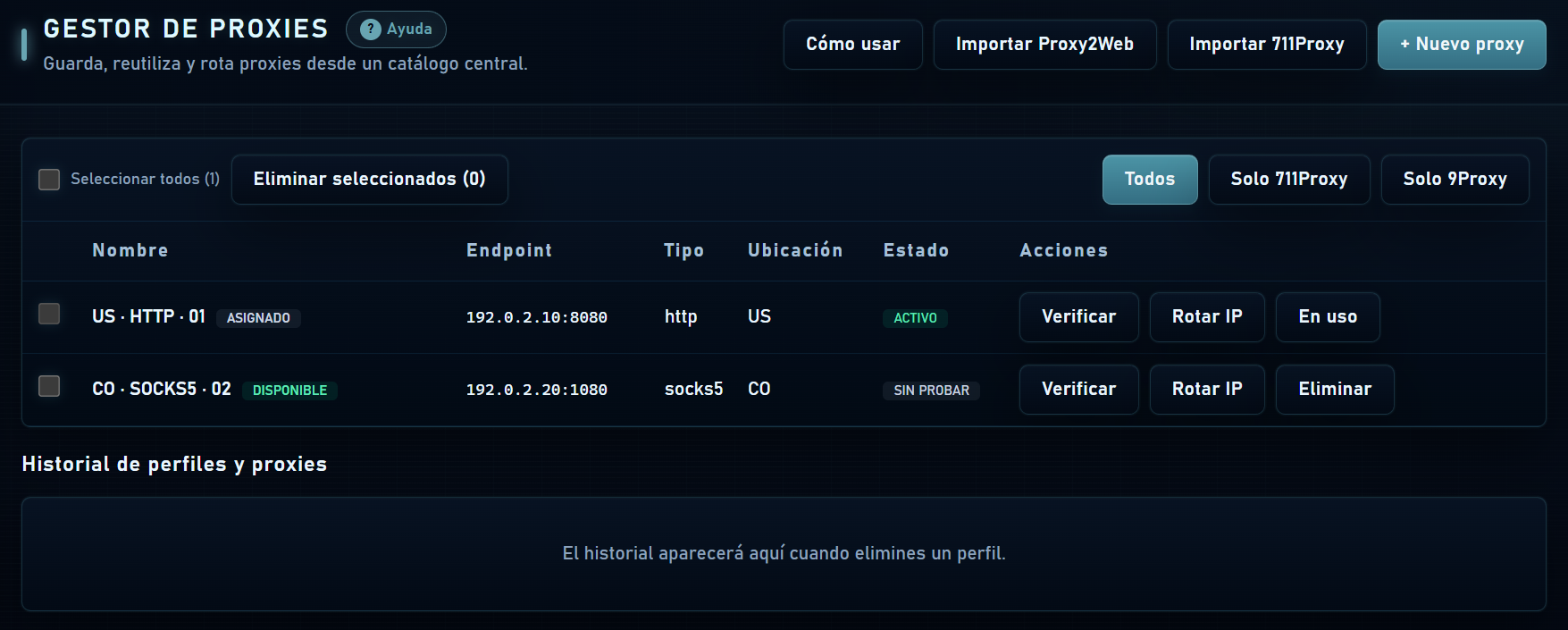 Gestor con endpoints y estados de conexión
